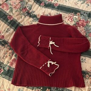 LOFT Burgundy Turtleneck Sweater with Lace-Up Cuffs